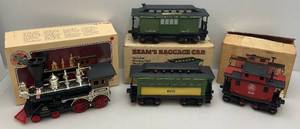 lot 188 image: Misc. Vintage Jim Beam Train Decanter Items Including Turner Engine, Baggage,  Passenger Cars & Red Caboose (Some In Original Boxes)