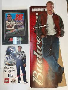 lot 209 image: Misc. NASCAR Collectible Items Including Bobby Labonte 3D Poster Framed Behind Glass, Rusty Wallace Miller Light Miniature Cardboard Cutout & Dale Earnhardt Life Size Cardboard Cutout