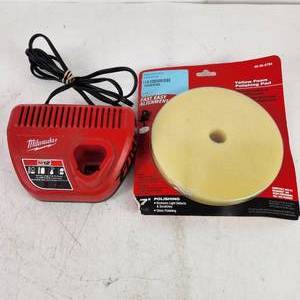 Lot Of Two Milwaukee Items M12 Charger 48-59-2401 And Yellow Foam Polishing Pad 49-36-2784 Good Condition