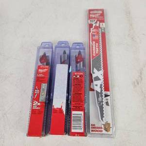 Lot Of Four Milwaukee Pieces 3-6 Auger Bits 48-13-0753 34 And 1-Sawzall Carbide Teeth Blade 48-00-5226