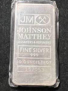 10 TROY OZ .999 FINE SILVER JOHNSON MATTHEY BAR