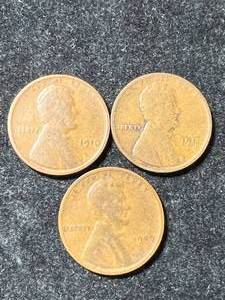 3 US WHEAT CENTS 1909 1910 1911