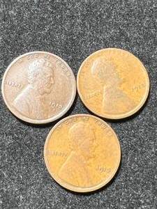 3 US WHEAT CENTS 1912 1913 1913-D