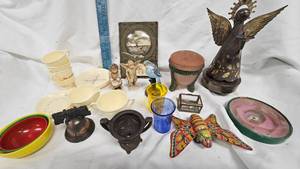 lot 24 image: Vintage Metal Toy Butterfly, Tea Set, Incense Burner, metal Angel
