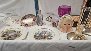 lot 38 image: Vintage PlatesCandlesticksPlanter
