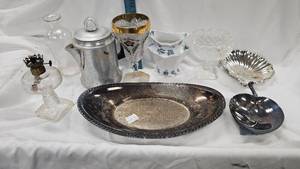lot 39 image: Silver Platter, Tray, Coffee pot, Glass