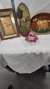 lot 43 image: Vintage Plaster Pic, Mirrored Clock and Dish