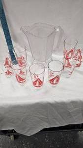 lot 60 image: Squared Pitcher with 8 nautical themed glasses