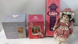 Set of Collectible Items Porcelain Doll, Cherub Figurine, Mickeys 75th Anniversary Ornament