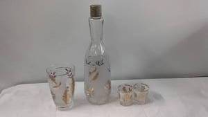 Vintage Glass Decanter Set with Gold Leaf Pattern