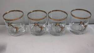 Set of 4 Gold-Rimmed Old Fashioned Glasses with Hunting Scene Design