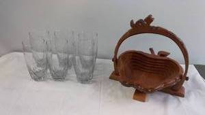 Set of 6 Elegant Crystal Glasses with Decorative Wooden Basket