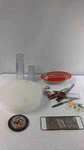 Assorted Kitchenware Lot with Knives, Grater, and Vintage Coasters