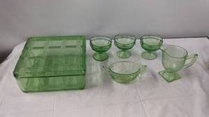 Collection of Green Depression Glassware with Powder Box and Serving Sets