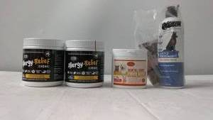 Collection of Pet Health Products including Allergy Relief Chews and Dental Care Powder