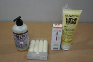 lot 124 image: Mrs Meyers Hand Soap, Leave In Conditioner, Candles, & B-12 Supplement