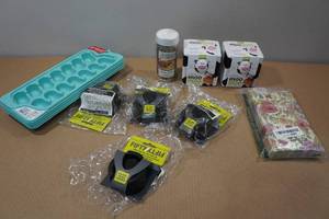 lot 126 image: Assorted Kitchen Items -Cheese Storage, Napkins, Ice Trays, Seasoning