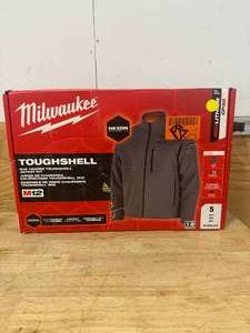 lot 115 image: MILWAUKEE M100G-21S Mens Small M12 12V Lithium-Ion Cordless TOUGHSHELL Gray Heated Jacket with (1) 3.0 Ah Battery and Charger - B150