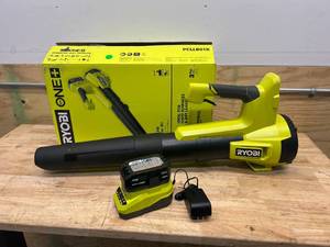 lot 93 image: RYOBI PCLLB01K ONE 18V 100 MPH 350 CFM Cordless Battery Variable Speed Jet Fan Leaf Blower with 4.0 Ah Battery and Charger - B129