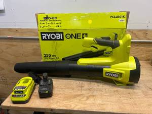 lot 100 image: RYOBI PCLLB01K ONE 18V 100 MPH 350 CFM Cordless Battery Variable Speed Jet Fan Leaf Blower with 4.0 Ah Battery and Charger - B129