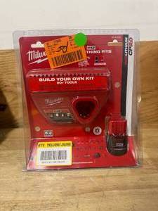 lot 126 image: MILWAUKEE 48-59-2420 M12 12-Volt Lithium-Ion Compact Battery Pack 2.0Ah and Charger Starter Kit - A79