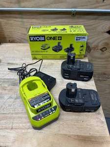 lot 130 image: RYOBI ONE 18V Lithium-Ion Starter Kit with 2.0 Ah Battery, 4.0 Ah Battery, and Charger - C203.94