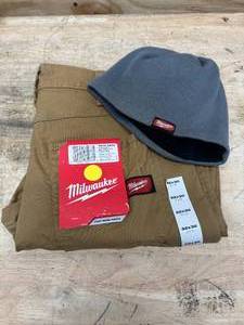 lot 72 image: MILWAUKEE 701K-3230 Mens 32 in. x 30 in. Khaki CottonPolyesterSpandex Flex Work Pants with 6-Pockets plus Hat- B50