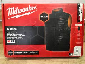 lot 69 image: Milwaukee M300B-21L Mens Large M12 12-Volt Lithium-Ion Cordless Axis Black Heated Vest Kit with (1) 2.0 Ah Battery and Charger - B124