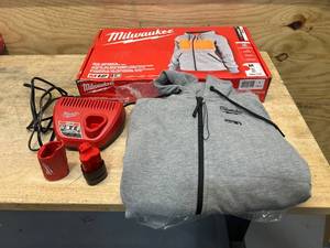 lot 203 image: MILWAUKEE 336G-21M Womens Medium M12 12-Volt Lithium-Ion Cordless Gray Heated Jacket Hoodie Kit with (1) 2.0 Ah Battery and Charger C89