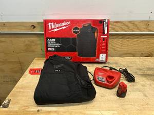 lot 204 image: MILWAUKEE M300B-21L Mens Large M12 12-Volt Lithium-Ion Cordless Axis Black Heated Vest Kit with (1) 2.0 Ah Battery and Charger D124.97