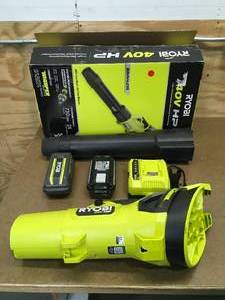 lot 7 image: RYOBI RY40410040V HP Brushless Whisper Series 190 MPH 730 CFM Cordless Battery Jet Fan Leaf Blower with (2) 4.0 Ah Batteries & Charger - C329