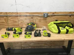 lot 10 image: RYOBI PCL1600K2 ONE 18V Cordless 6-Tool Combo Kit with 1.5 Ah Battery, 4.0 Ah Battery, and Charger - D299