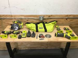 lot 11 image: RYOBI PCL1600K2 ONE 18V Cordless 6-Tool Combo Kit with 1.5 Ah Battery, 4.0 Ah Battery, and Charger - B299
