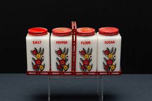 lot 15 image: Vintage 1950s Tipp City Red & Yellow Flower Milk Glass Spice Shakers  Set of Four with Carrier