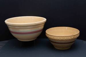 lot 24 image: Vintage Banded Stoneware Bowls  Robinson Ransbottom & Unmarked Companion Piece