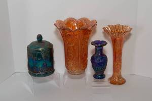 lot 29 image: Set of Four Stunning Carnival Glass Pieces  Blue & Marigold