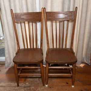 lot 14 image: Pair of Antique Wooden Spindle Push-Back Chairs