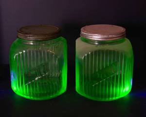 lot 76 image: Two Vintage Large Uranium Glass Ribbed Jars