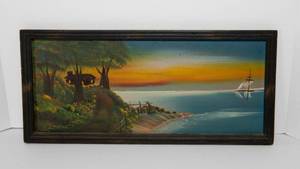 lot 40 image: Handpainted Artwork  Cabin Overlooking Water