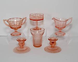 lot 74 image: Set of Six Pink Glass Pieces  Possibly Depression Glass