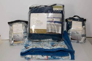lot 90 image: Short Queen Comforter, Two Short Queen Sheet Sets and a Quilted Throw - RV & Boat Bedding Set
