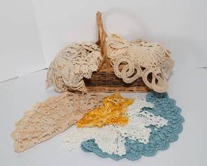 lot 93 image: Crocheted Doilies and Basket