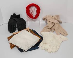 lot 118 image: Collection of Hankies, Gloves, Scarves, and Red Velvet Headband