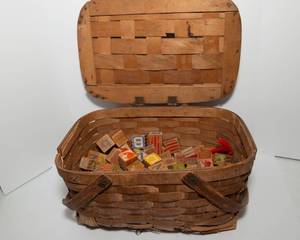lot 131 image: Basket of Vintage Wooden Blocks