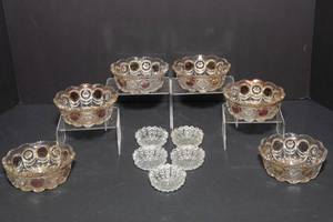 lot 146 image: 6 Vintage Glass Knobby Bullseye Cranberry Red Stain Serving Bowls and 5 Glass Salt Cellars