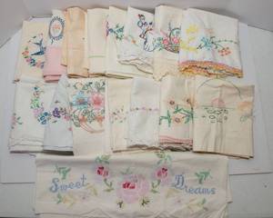 lot 184 image: Variety of Mismatched Cotton Pillowcases with Embroidered Edging - High Quality Cotton
