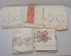 lot 195 image: Set of Five Vintage Cotton Pillowcases with Pink Embroidered Edging - High Quality Cotton