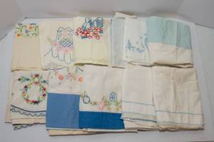 lot 192 image: Mismatched Blue Vintage Cotton Pillowcases with Embroidered Edging - High Quality Cotton