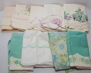lot 200 image: Mismatched Cotton Pillowcases with Teal and Purple Embroidered Edging - High Quality Cotton