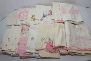 lot 189 image: Vintage Cotton Pillowcases with Mismatched Pink Embroidered Edging - High Quality Cotton